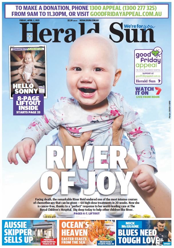 The beautiful and brave River Reid on the front page of tomorrow’s @theheraldsun for the @GoodFriAppeal

If you can, please #giveforthekids
