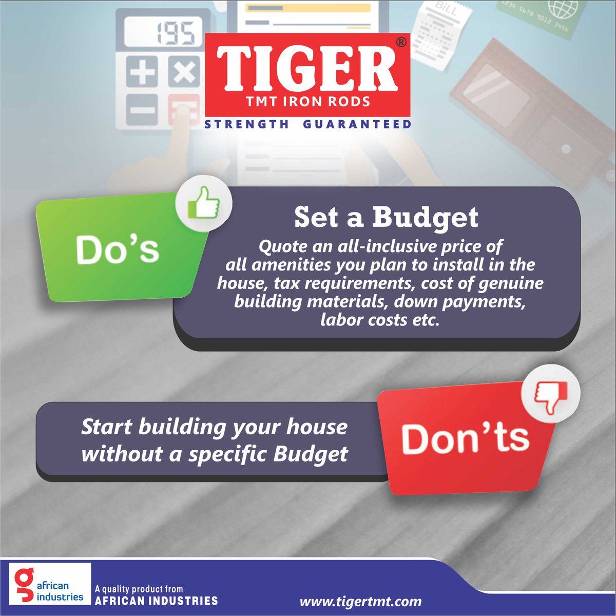 TigerTmt's tweet photo. We have created a list of Do's and Don'ts that you should observe when building your dream home.
Read through to learn more!
#BuyAGenuineTMT
#BuildHouseforgenerations
#LetsBuildTogether
#StrengthGuaranteed
#TIGERTMT https://t.co/iywsVVnHtW