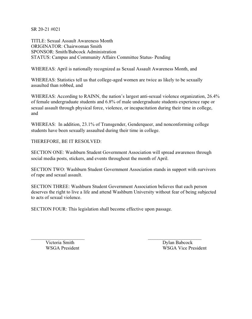April 1 marks the start of Sexual Assault Awareness month: last night WSGA passed the following resolution in support of those who have experienced sexual assault. WSGA stands with survivors of sexual assault and will continue to provide awareness towards this ongoing issue.