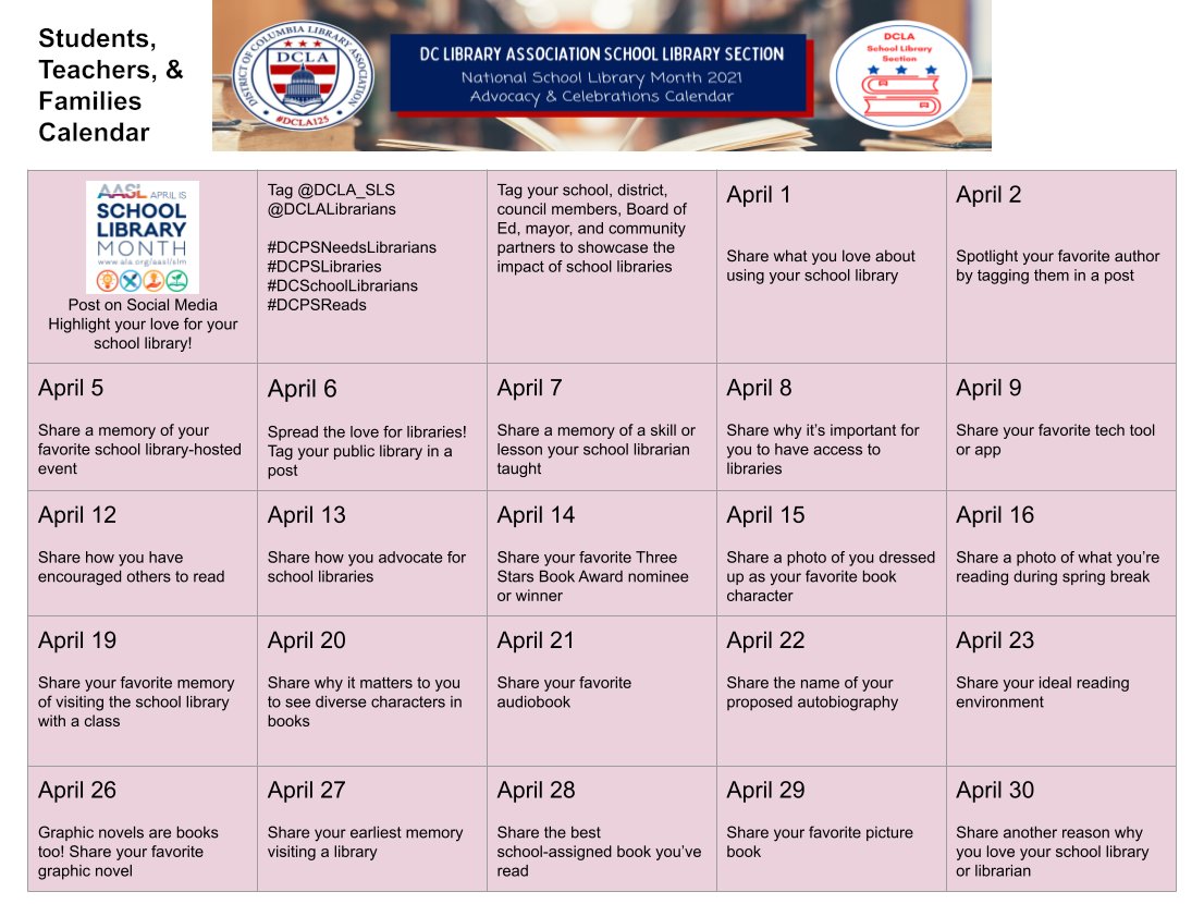 DCLA_SLS's tweet photo. Happy #SchoolLibraryMonth! Celebrate #DCSchoolLibrarians by participating in the social media calendars below. School librarians and their expertise are essential! #DCPSNeedsLibrarians @dcpublicschools @WTUTeacher @EveryLibrary #DCPSatHome #DCPSLibrariansChampionLiteracy #AASLslm https://t.co/dOCZSFJLZV