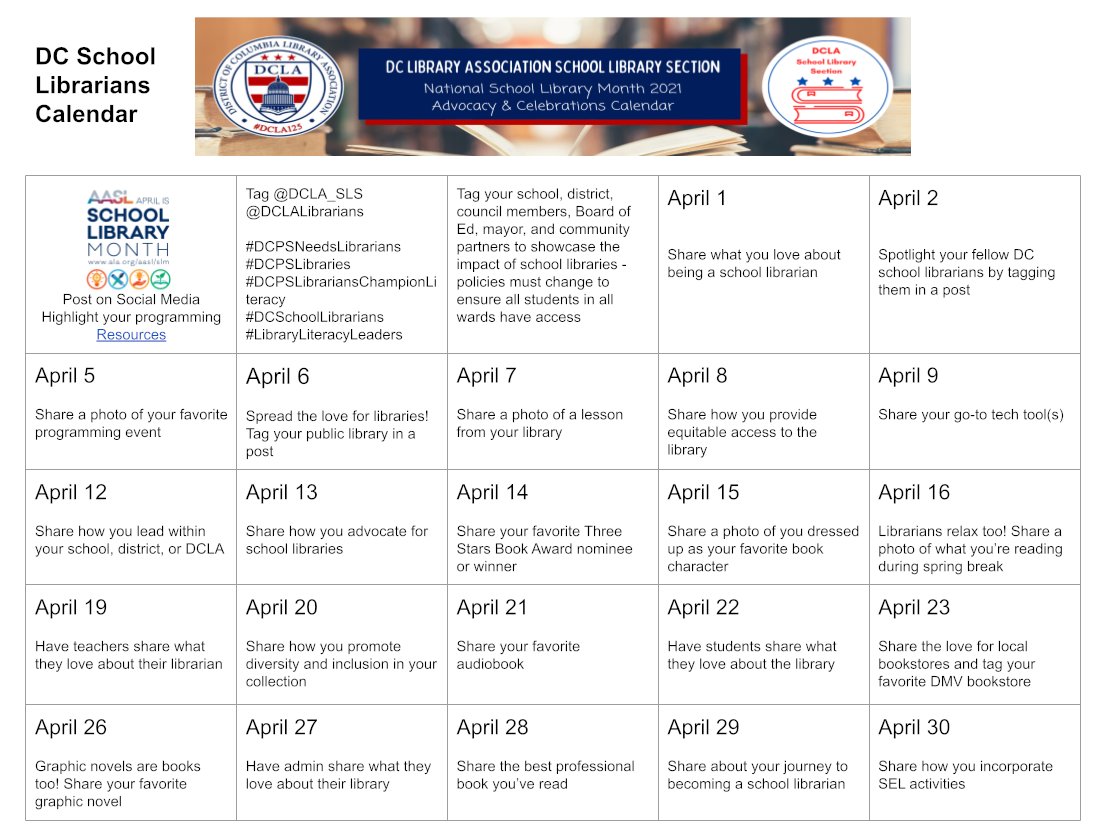 DCLA_SLS's tweet photo. Happy #SchoolLibraryMonth! Celebrate #DCSchoolLibrarians by participating in the social media calendars below. School librarians and their expertise are essential! #DCPSNeedsLibrarians @dcpublicschools @WTUTeacher @EveryLibrary #DCPSatHome #DCPSLibrariansChampionLiteracy #AASLslm https://t.co/dOCZSFJLZV