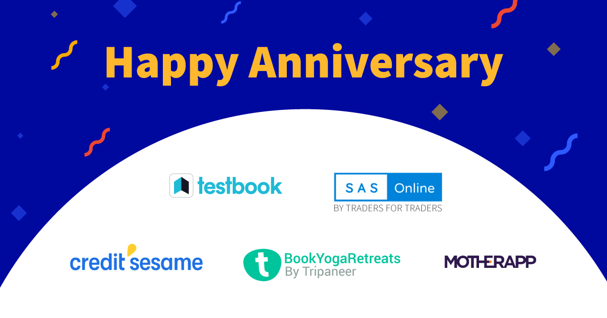 Happy Anniversary, @Testbookdotcom, @sasonline999,  @book_yoga, @creditsesame, and @motherapp on this milestone! 

WE wish you many more years of success & look forward to celebrating the coming years together🥂

Onwards & Upwards🚀