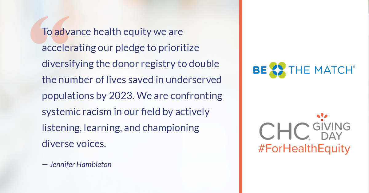 chcimpact's tweet photo. Shoutout to our #spotlightseries feature Be The Match for their great work to help eliminate health inequities. Learn why the #forhealthequity movement is important and why they're raised awareness for this great cause on March 11. https://t.co/WxEDMvcVJP