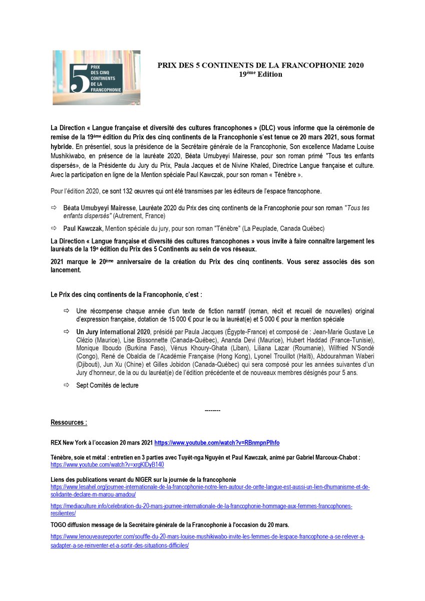 📩 Message de la part de la Directrice « Langue française et diversité des cultures francophones » (DLC) sur la tenue de la cérémonie de remise de la 19ème édition du Prix des cinq continents. 

#Francophonie #LangueFrançaise
