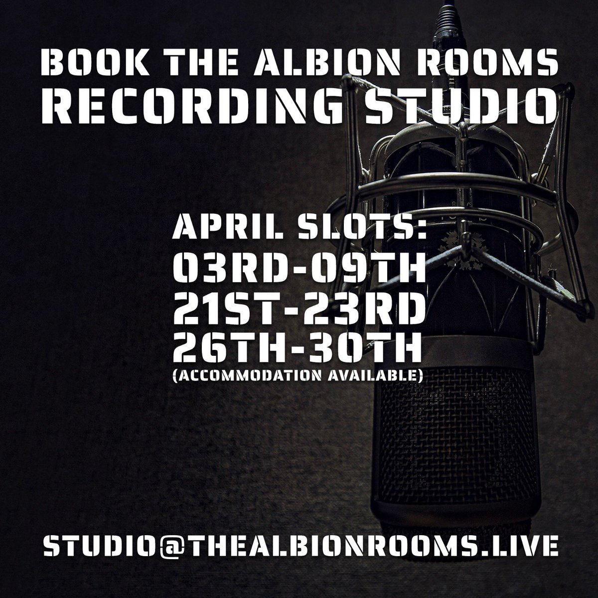 The Albion Rooms (@albion_rooms_) on Twitter photo Speak to us about booking The Albion Rooms recording studio this April... 🖤
studio@thealbionrooms.live Speak to us about booking The Albion Rooms recording studio this April... 🖤
studio@thealbionrooms.live
