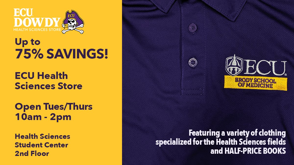 ALL clothing &amp; logo merch on sale <a href="/ECUHSBookstore/">ECU Health Sciences Store</a>  TODAY! 25%-75% off ALL reg price logo clothes &amp; gifts! Jackets, sweatshirts, T-shirts! Books 50% OFF. In-stock diploma frames 30% OFF! Open Tues/Thurs 10a-2p. #ECUCON #ECUBSOM #ECUDental #PirateNurse #ECUAlliedHealth