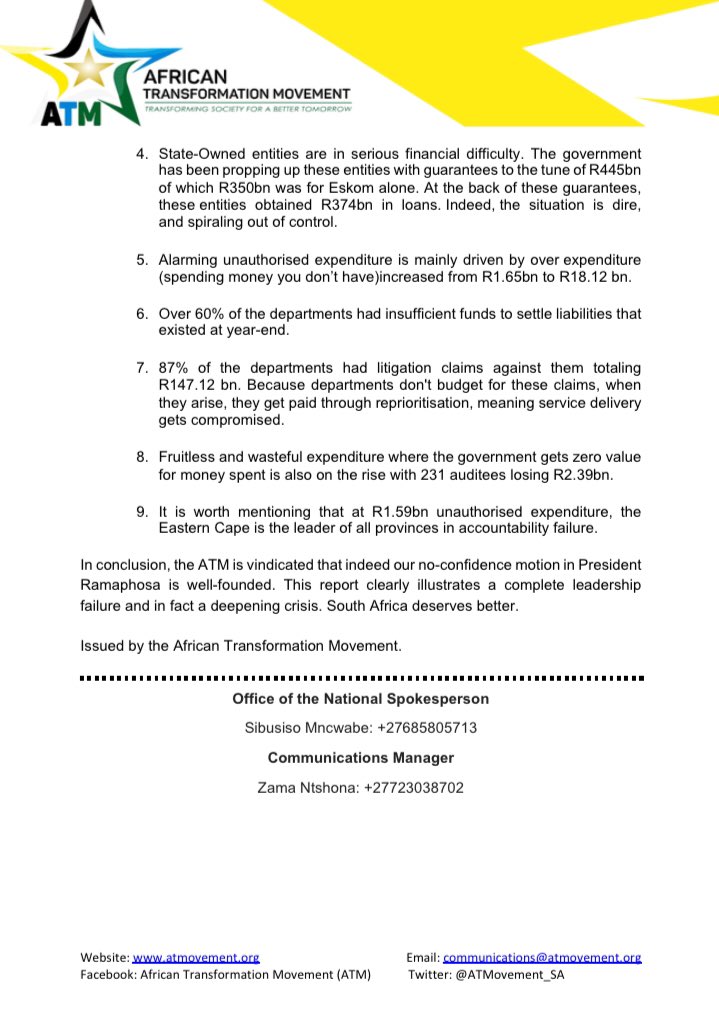 ATMovement_SA's tweet photo. [READ]

Accountability Failures of the 6th Administration, under Cyril Ramaphosa, gleaned from Auditor General (AG) Report 2019/20 https://t.co/FU9zcNmXN3