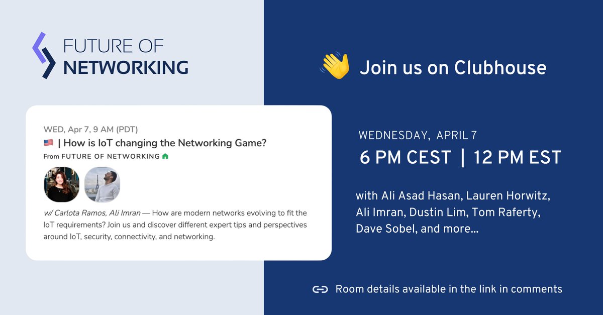 BoundlessDigit's tweet photo. #ClubhouseRoom
Join us on "How is #IoT changing the #Networking game?" 

🗓 Wednesday, April 7 at 6 pm CEST / 12 pm EST

More on 🔗 https://t.co/JC9CfPo6mr

#FutureofNetworking #connectivity #cybersecurity #ITnetworking #IoTsolutions https://t.co/2zgy35Leoc