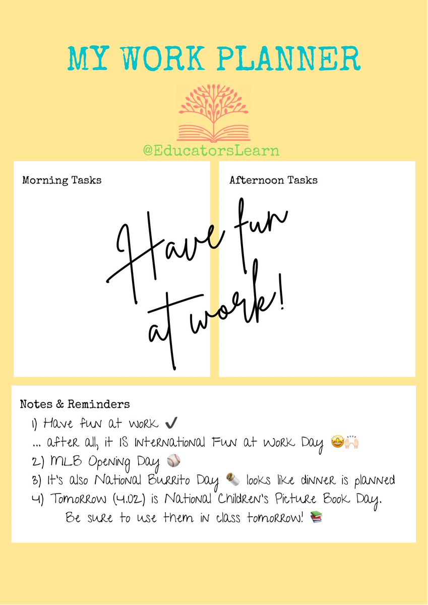 EducatorsLearn's tweet photo. You may know it is April Fools Day but we can do better than that! Be sure to celebrate International Fun at Work Day with your colleagues & students today 🎉 🤩
Read the notes for more events to celebrate⚾️🌯📚
#educatorslearn #edutwitter #teacher #education https://t.co/3kSdtXu78A