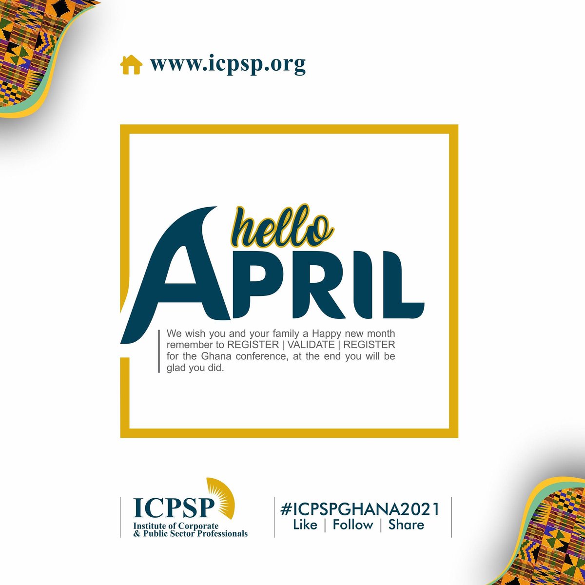 icpsp_ng's tweet photo. Happy New month to you and your entire family, may this new month be a month of our endless happiness and fulfilment.

Please remember to:
REGISTER | VALIDATE | ATTEND 
The ICPSP Ghana Conference 2021.

For further enquiry, kindly visit: https://t.co/yswe8owEDT https://t.co/fJW2ounZp7