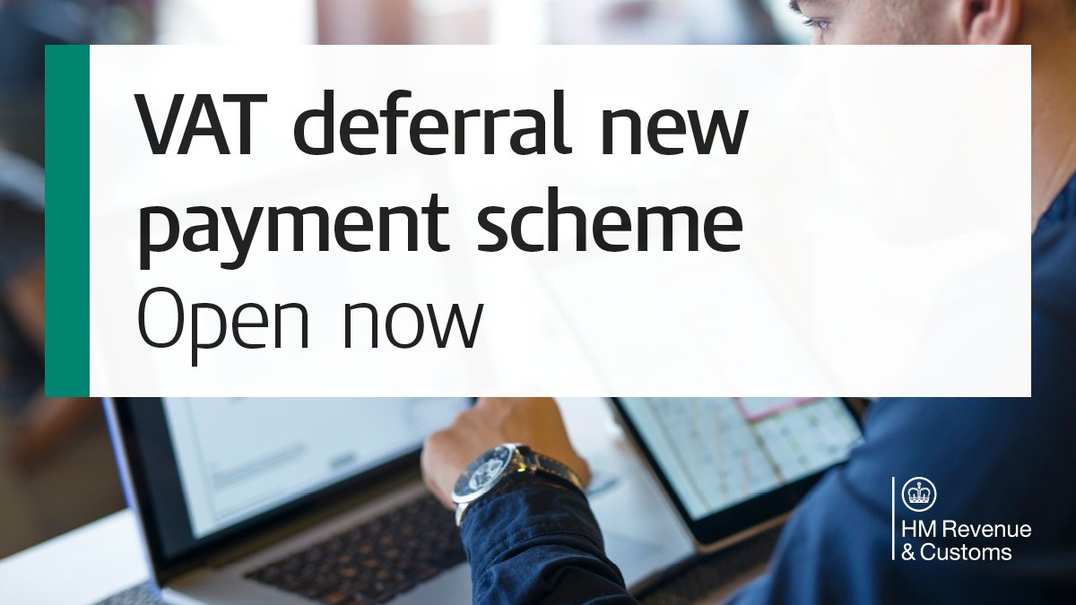 HMRCgovuk's tweet photo. Deferred your VAT between 20 March and 30 June 2020 and still have payments to make? Join the VAT deferral new payment scheme by 21 April to benefit from up to 10 instalments. The later you join, the fewer instalments are available to you. 

More info. 👇

https://t.co/1SBMlNloew https://t.co/sOmurDJx4h