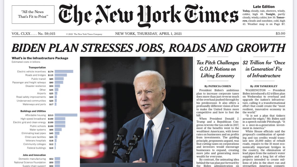 Quite different banners about Biden's rebuilding plan atop WaPo and NYT