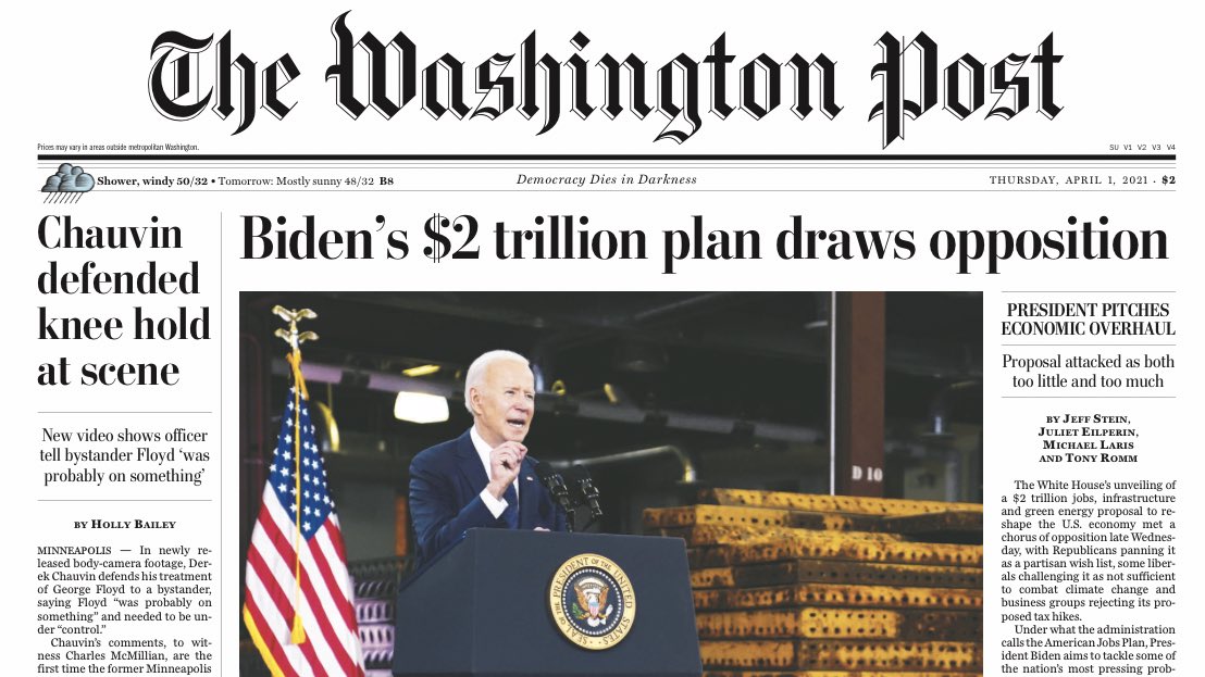 brianstelter's tweet photo. Quite different banners about Biden's rebuilding plan atop WaPo and NYT https://t.co/wdutAbXxoI