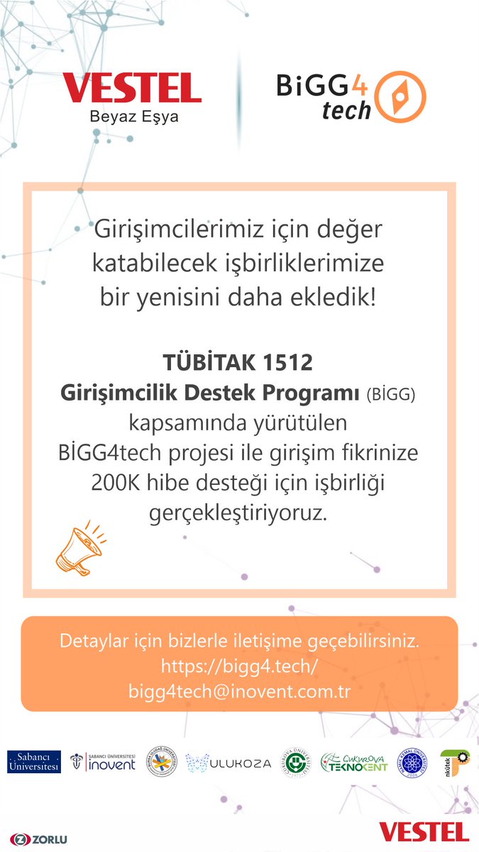 📢 Girişimcilerimiz için değer katabilecek işbirliklerimize bir yenisini daha ekledik. <a href="/Vestel/">Vestel</a> ile @bigg4tech projesi kapsamında yola koyulduk!
