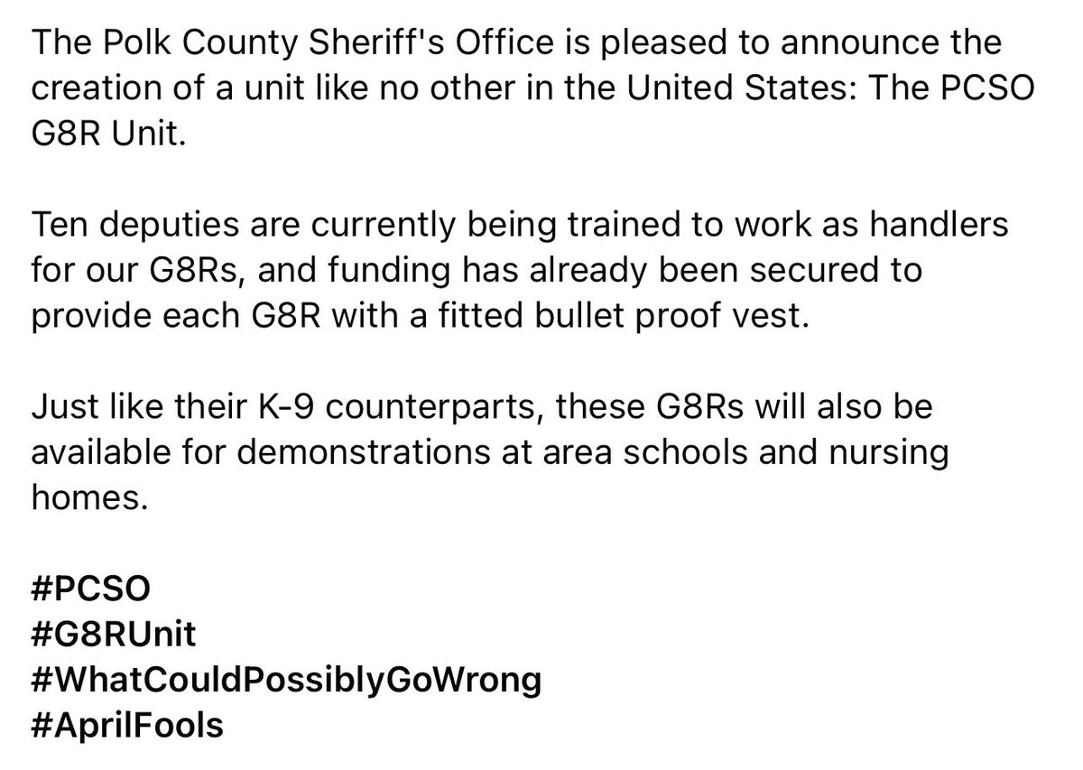 PolkCoSheriff's tweet photo. Last month, a suspect tried to drown one of our K-9s. We’ve got a new unit now - try drowning one of these, bad guys. #G8RUnit #G8rDone #AprilFools https://t.co/PCzcMAydA9