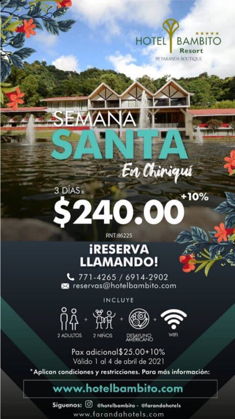 HotelBambito's tweet photo. Buenos Dias!!! Semana Santa #HotelBambito Reserva con Nosotros!!!! 
reservas@hotelbambito.com
Teléfonos:  6914-2902 771-4265/771-4375
#NaturalmenteBambito https://t.co/ehxUisrqr8