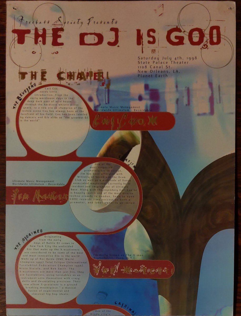 _jACK_t_Ripper_'s tweet image. The DJ Is God '98 #StatePalaceTheater #Freebass #FreebassSociety #NOLA #NewOrleans
@Carl_Cox 
#JimMasters
#Xecutioners
@mistasinista @DJROBSWIFT @DjTotalEclipse #RIPRocRaida
@djmarkgrant
#Sniper
#Snuggles
@djslant