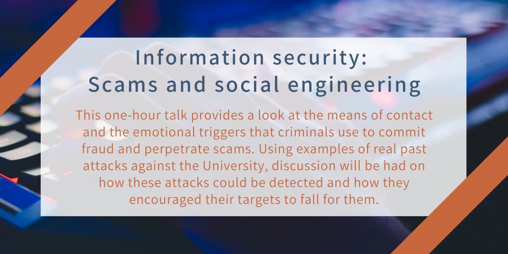 Join the <a href="/UoEInfoSec/">UoE InfoSec</a> team on Wednesday 7th April for a one-hour talk on scams and social engineering. Learn about how scammers make contact &amp; the emotional triggers they use. 
Open to all UoE staff &amp; students. 
Book your place: edin.ac/3m8Xffm
