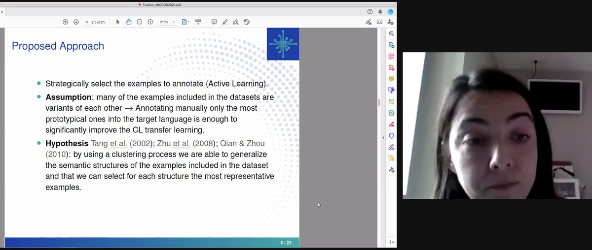 Maddalen Lopez de Lacalle presents now her paper on "Reducing annotation effort for Cross-lingual Transfer Learning: The case of NLU for Basque" @micros2021 <a href="/2021Ecir/">ECIR 2021</a> #ECIR2021 #micros2021 👩🏽‍💻 👏