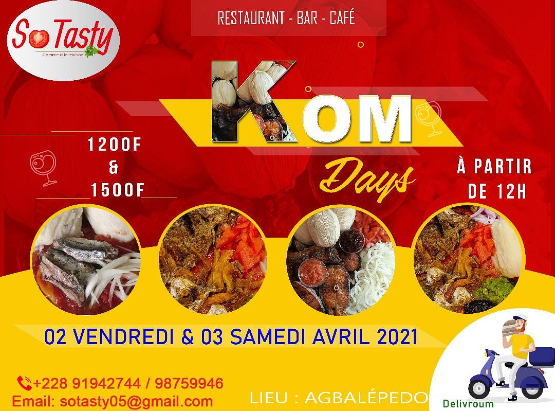 #SoTasty #KomDays 
Privilégions les plats à emporter.. Commandez dès maintenant au 91 94 27 44 / 98 75 99 46 et passez récupérer demain et samedi à partir de midi.. 
Pour vous faire livrer, passez par l'application <a href="/delivroum/">Delivroum</a>