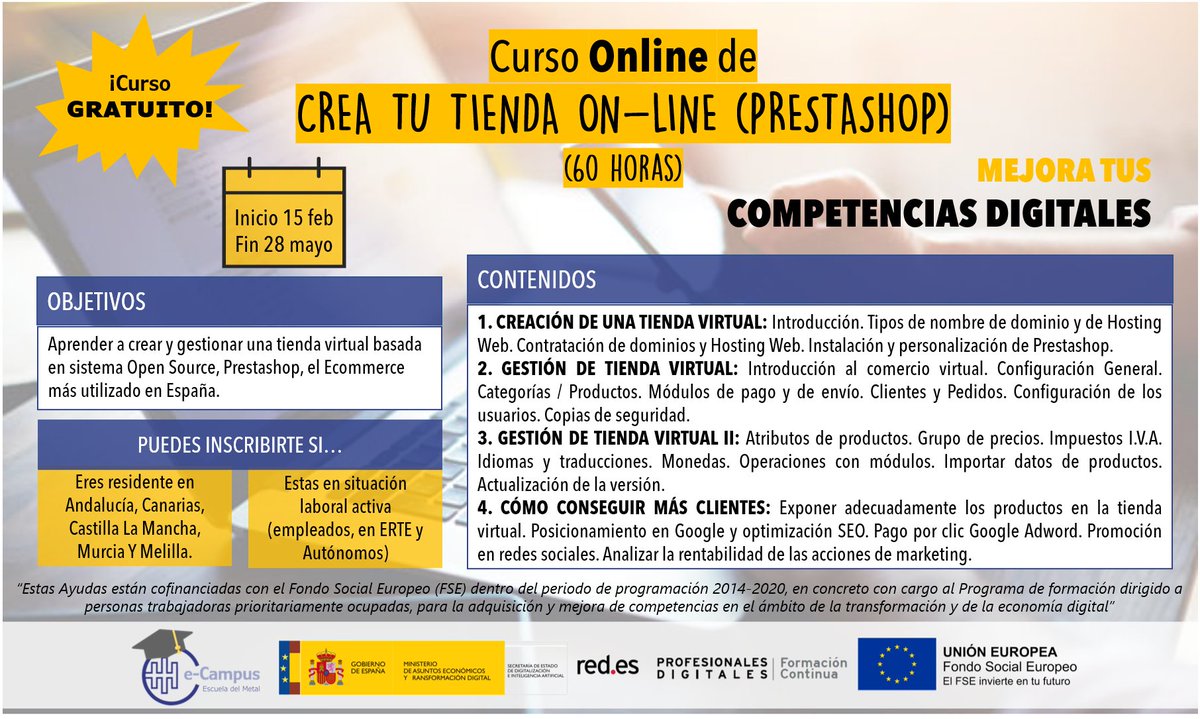 FundacionDopp's tweet photo. 📢Si quieres aprender a crear y gestionar una tienda virtual en sistema Open Source, Prestashop, el ecommerce más utilizado en España, ¡este es tu curso!

✅Más info en: https://t.co/M5mxIA7ANA

@redpuntoes @_minecogob
#FormaciónContinua #FSE #ProfesionalesDigitales #cursosgratis https://t.co/ZgHRGSR36z