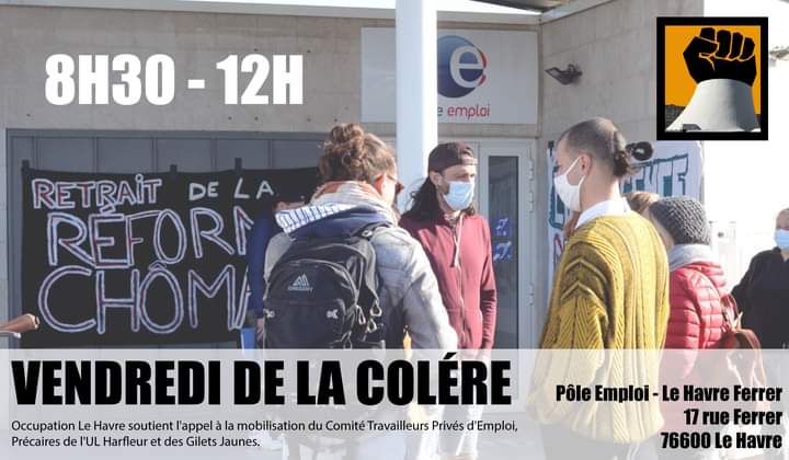 OccupationHavre's tweet photo. ⚡VENDREDIS DE LA COLÈRE ⚡
Occupation Le Havre soutient l'appel à la mobilisation du Comité Travailleurs Privés d'Emploi - Précaires de l'UL Harfleur et des Gilets Jaunes. Rdv demain à partir de 8h30 au Pôle Emploi 17 rue Ferrer ! https://t.co/0SB9UO0pn9