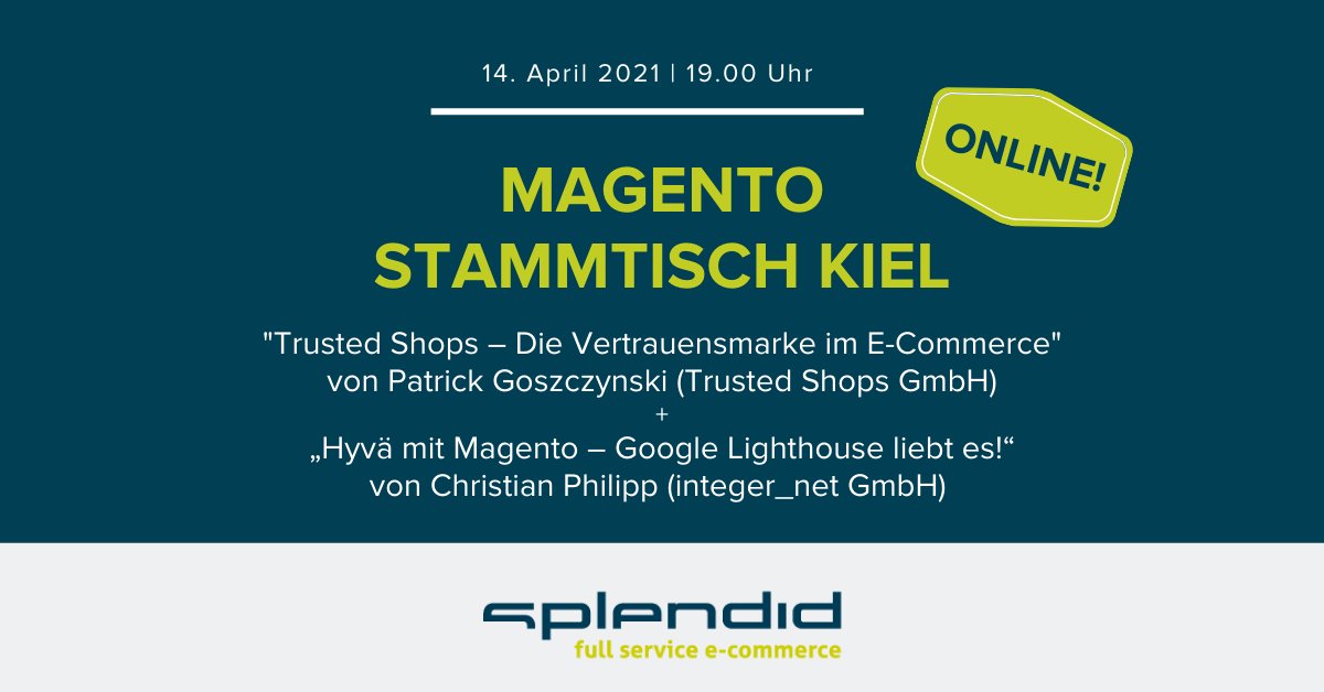 magento_kiel's tweet photo. Am 14. April um 19 Uhr ist wieder Magento Stammtisch Kiel! @cp_integer_net spricht über @Hyva_io + Google Lighthouse & von @trustedshops gibt es ebenfalls einen Vortrag. Infos & kostenfreie Anmeldung: https://t.co/IlsDVqq4s8 #magento #hyva #trustedshops #realmagento #stammtisch https://t.co/m6xBWf27LB