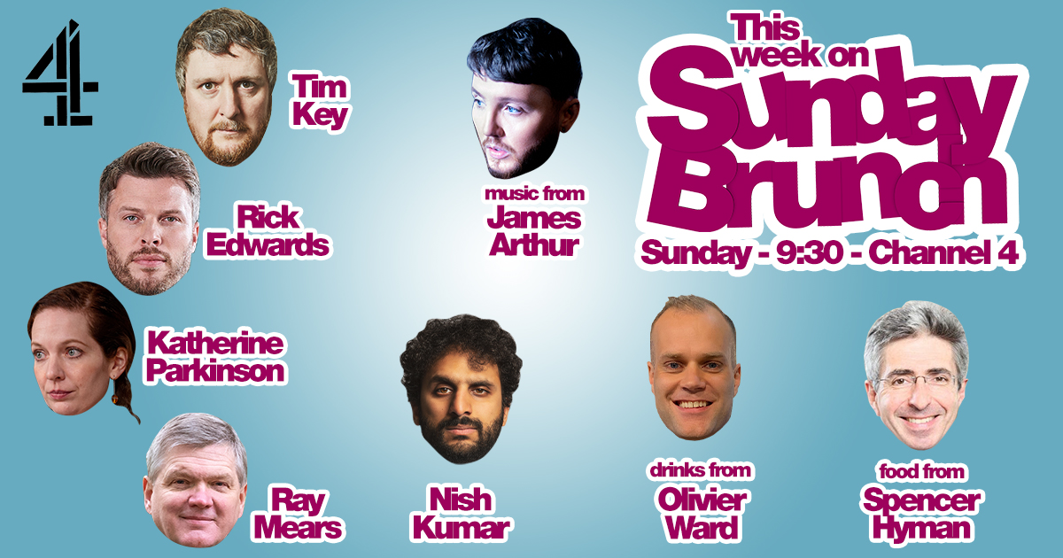 This week on #SundayBrunch! 🍳🫖🥯🥐🥑 <a href="/timkeyperson/">Tim Key</a>, <a href="/Ray_Mears/">Ray Mears & Woodlore</a>, #KatherineParkinson, <a href="/MrNishKumar/">Nish Kumar</a>, <a href="/rickedwards1/">Rick Edwards</a> are joining us! Plus chocolate from <a href="/sdhyman/">spencer hyman</a> 🍫 and gin from <a href="/SpiritsBeacon/">Spirits Beacon</a>! 🍹 And LIVE MUSIC from the wonderful <a href="/JamesArthur23/">James Arthur</a>! 9:30am on <a href="/Channel4/">Channel 4</a> 📺