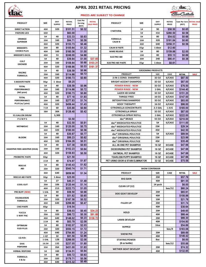 dac_and's tweet photo. Here is the pricing for the month of April. Take advantage of our on sale items! Colt Grower for all of your new babies and young/growing horses and Yucca 5 Way for natural comfort. Also check out our brand new Power Rinse refreshing shampoo with soothing relief. https://t.co/ZR1uOC7Pib