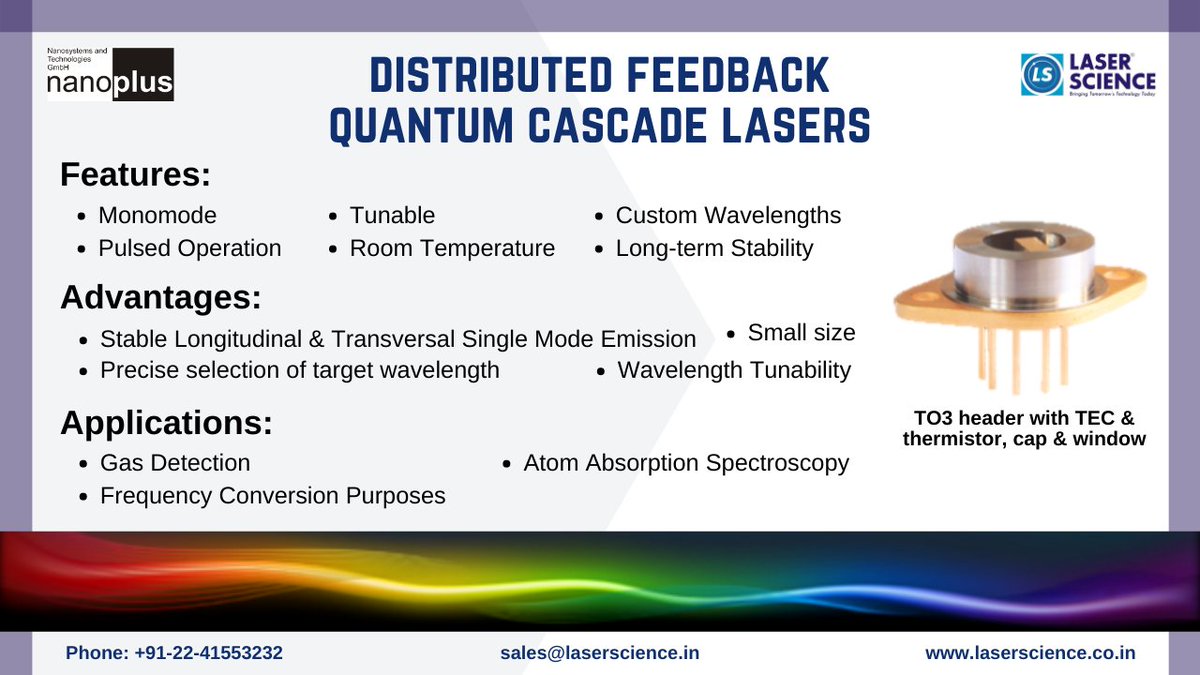 LaserScience's tweet photo. For more than 20 years, Nanoplus has been the technology leader for #lasers in #gas #sensing.

#Nanoplus apply a lateral metal grating along the ridge #waveguide, which is independent of the material system

#LaserScience #GasSensing #Spectroscopy #Nanosystems #DFBLasers #sensors https://t.co/usOex6j80K
