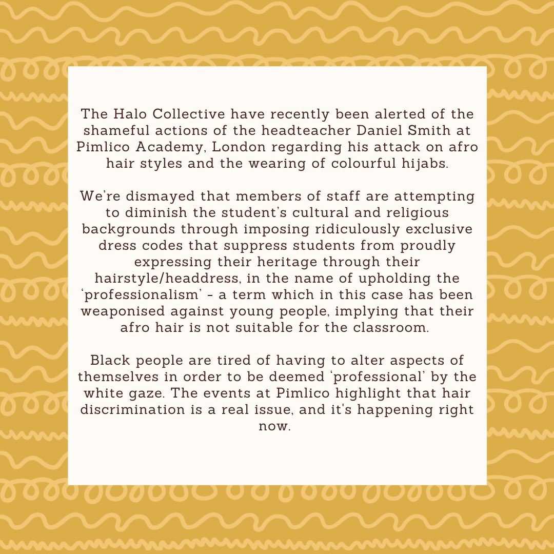 TheHaloCode's tweet image. We stand in complete solidarity with the protesting students, and urge schools to sign onto the Halo Code to prevent black students ever feeling like their appearance is a burden in their own school #ADOPTTHECODE #THEHALOCODE