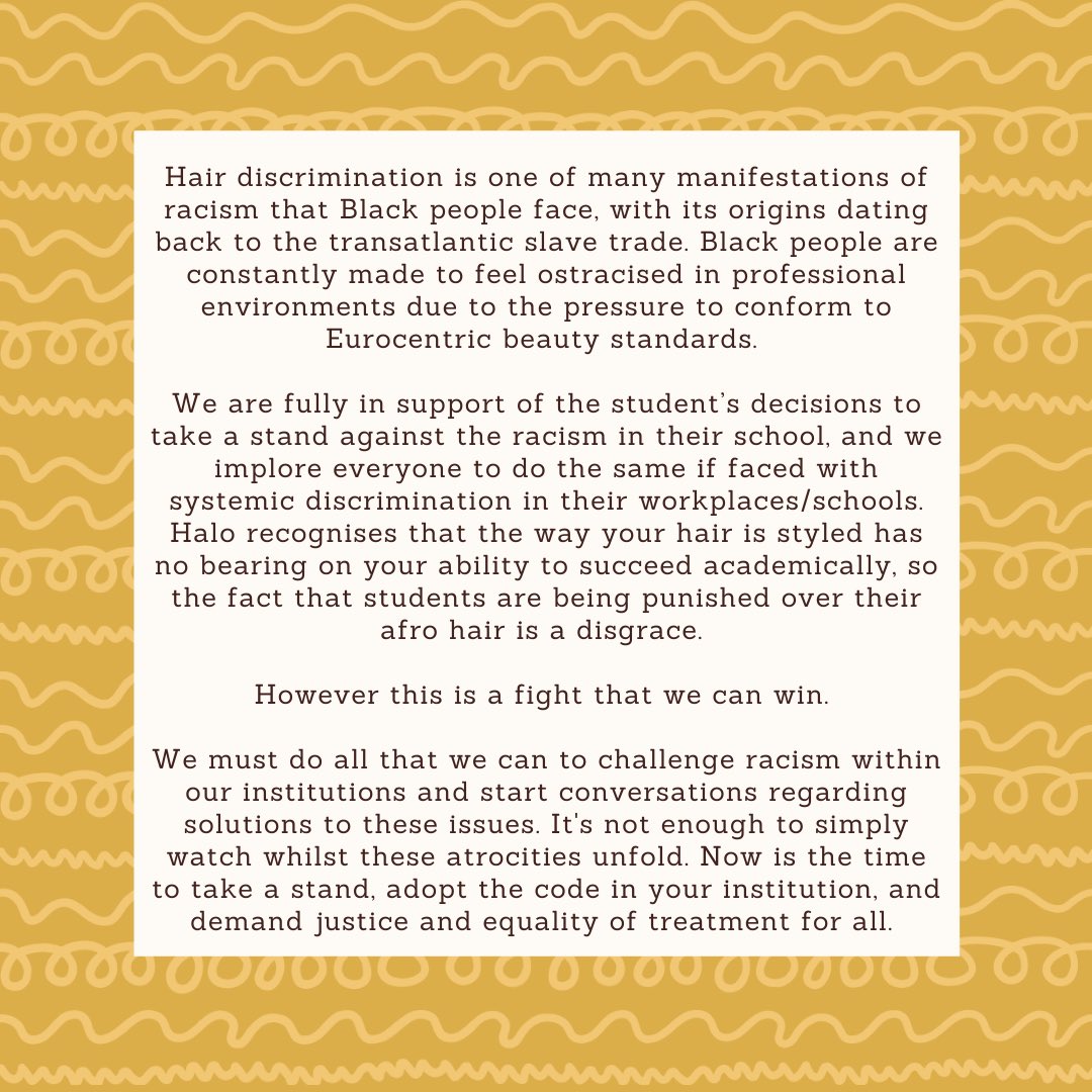 TheHaloCode's tweet image. We stand in complete solidarity with the protesting students, and urge schools to sign onto the Halo Code to prevent black students ever feeling like their appearance is a burden in their own school #ADOPTTHECODE #THEHALOCODE