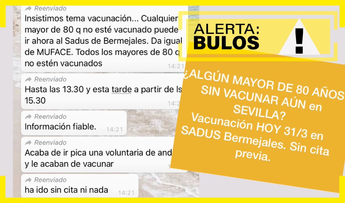 AndaluciaJunta's tweet photo. 📣 ALERTA BULO
❗Es falso que se esté vacunando contra la #COVIDー19 sin cita previa en ningún punto de vacunación de #Andalucía.
📍 NO hagas caso de los bulos y NO acudas si no has sido citado.

❌ #StopBulos #AlertaBulos ✅ https://t.co/hzxryurtWB
