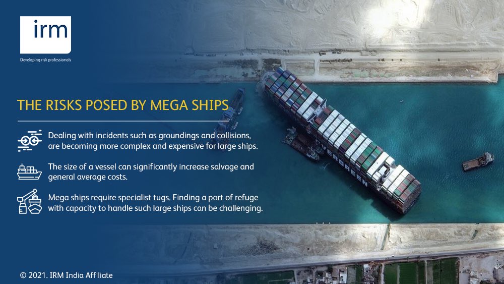 irm_india's tweet photo. The massive cargo ship MV Ever Given blocking the Suez Canal was finally refloated after 6 days of intense salvage efforts.
What lessons do you believe can be learned from the costly Suez Canal blockage when it comes to handling ultra-large vessels?
#IRMIndia #suezcanalblockage https://t.co/uAE41SpNkk
