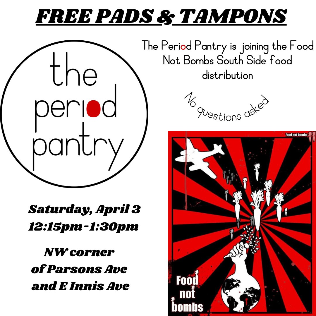 Spread the word, we'll be joining the Columbus Food Not Bombs at their south side food distribution this Saturday, April 3!
https://t.co/ZKmcWmjJHL

#AsSeenInColumbus #Endperiodpovery #Columbusnonprofit https://t.co/TZJooNDbl5