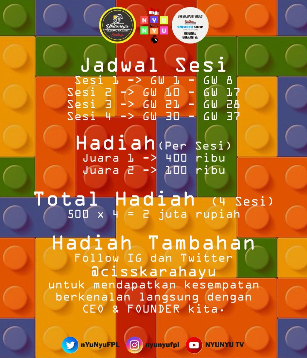 nYunYuFPL's tweet photo. KAMPIUN NYUNYU #FPL 2020-2021 SESI KE-EMPAT TELAH RESMI HADIR KEMBALI 
-------------------------------------
INGIN MERASAKAN PERSAINGANNYA !! JANGAN MALU-MALU DONG !!

4 SESI HANYA 8 GAME-WEEK SAJA !!
DENGAN TOTAL HADIAH RP. 2.000.000 !!

*NOTE*
detail selengkapnya ada di pict ✓ https://t.co/MGAiGBomoI