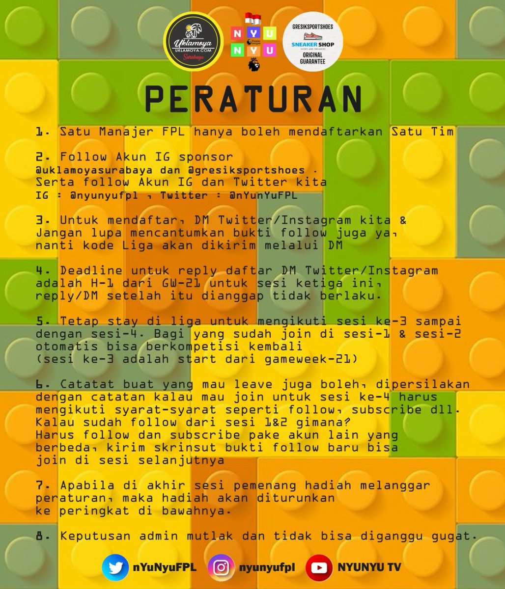 nYunYuFPL's tweet photo. KAMPIUN NYUNYU #FPL 2020-2021 SESI KE-EMPAT TELAH RESMI HADIR KEMBALI 
-------------------------------------
INGIN MERASAKAN PERSAINGANNYA !! JANGAN MALU-MALU DONG !!

4 SESI HANYA 8 GAME-WEEK SAJA !!
DENGAN TOTAL HADIAH RP. 2.000.000 !!

*NOTE*
detail selengkapnya ada di pict ✓ https://t.co/MGAiGBomoI