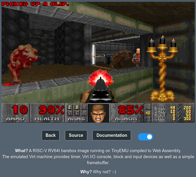 pengutronix's tweet photo. The #barebox bootloader has achieved the next level on the way towards world domination: you can now run bareDOOM in your bootloader, even in an emulated RISC-V CPU in WebAssembley! More infos in Ahmad Fatoum's announcement: https://t.co/pxNkO2He2q https://t.co/etdHMiUSkN