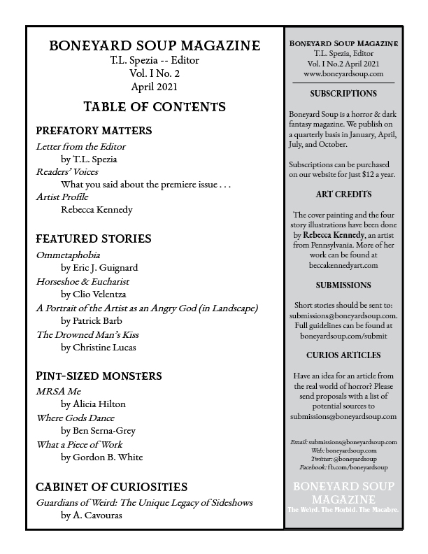 Here is the TOC reveal for our second issue, coming April 15th! We are offering a 15% discount for new subscribers all April. Don't miss out! Thanks to our writers <a href="/ericjguignard/">Eric J. Guignard</a> <a href="/clio_v/">Clio Velentza</a> <a href="/pbarb/">Barb P.</a> <a href="/aliciahilton01/">Alicia Hilton</a> @bensernagrey <a href="/GordonBWhite/">Gordon B. White</a>