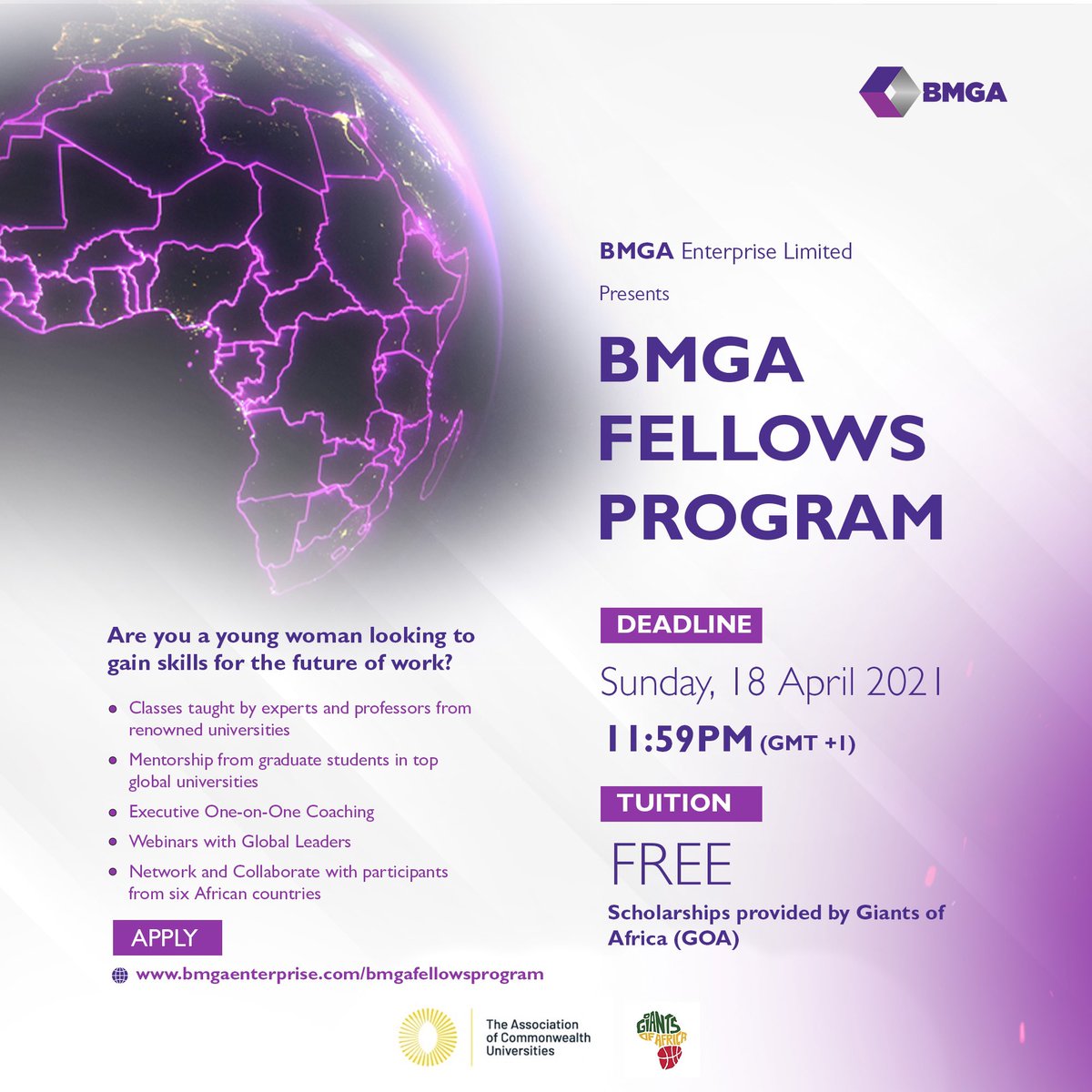 bmgaenterprise's tweet photo. Are you passionate about having a transformational learning experience from global experts? Are you a young woman from Nigeria, Ghana, Rwanda, Uganda, Zambia, or South Africa?
Learn about how you can become a BMGA Fellow - https://t.co/G6nelJ3OtO
#EdTech #BMGAFellowsProgram https://t.co/P5O4EoSQmN