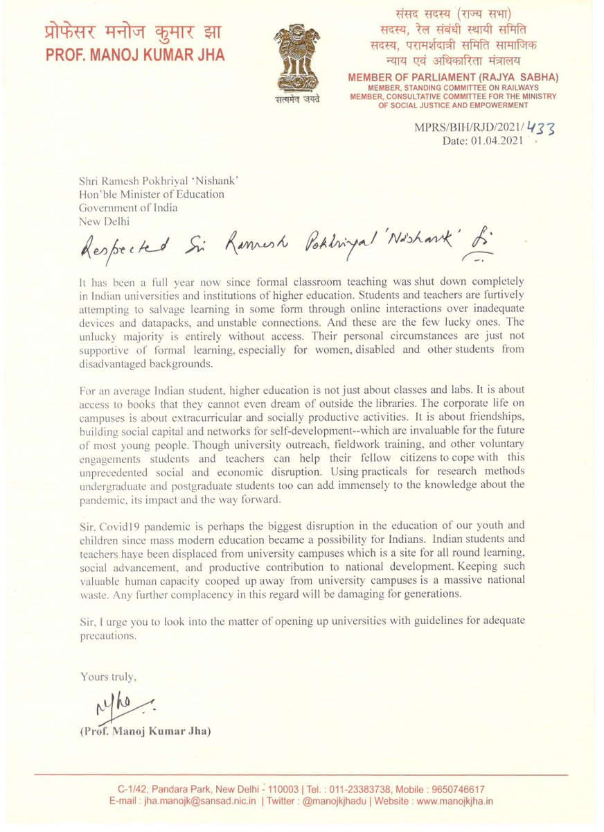 manojkjhadu's tweet photo. On behalf of the students, staff and faculty members of different colleges/universities..wrote a letter to Hon. @EduMinOfIndia urging him to reopen universities and colleges with adequate #Covid protocols in place. #reopendelhiuniversity https://t.co/iVkQZdf7oO