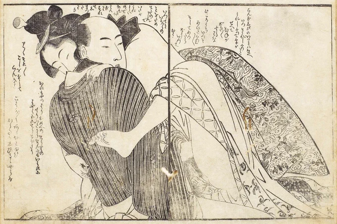 久しぶりに恋人に会えた喜びが抑え切れない。春画を読むと、どうやら彼女はずっと前から彼に会える日を楽しみにしていたようです。
会ったら一緒にあれするんだ、これしたい、たくさん考えていたようですが、会ったらそれだけで嬉しくって全部忘れちゃったみたいです。

絵師 喜多川歌麿
日文研所蔵 