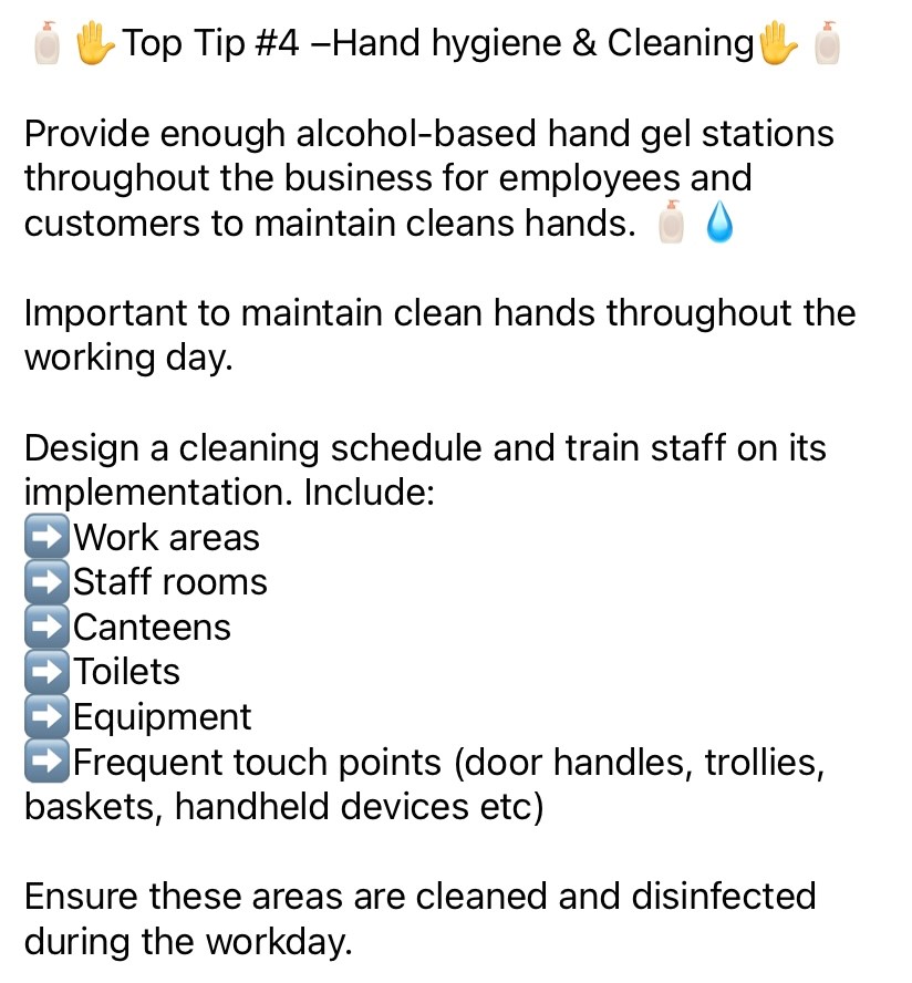 AbshireEnvHlth's tweet photo. Retail businesses planning to reopen on or after 5 April, please consider our #5TopTipsforApril5
#TopTip4 Good hand hygiene and thorough cleaning are also critical to preventing the spread of all illness including Covid-19 https://t.co/QiORPnBuYQ