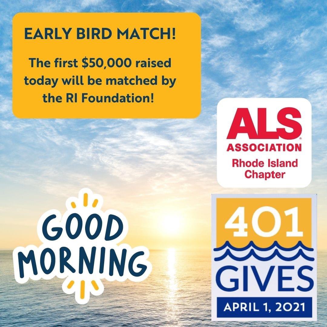 401Gives starts NOW!  

The RI Foundation will match the first $50,000 raised today.  This was reached within minutes last year, so please make your donation as soon as you can!

Donate here: 401gives.org/organizations/…

#401Gives #ALSinThisTogether