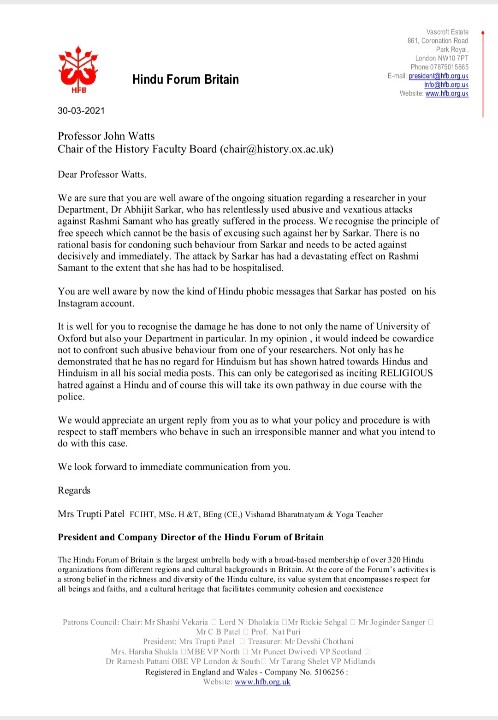 hfbritain's tweet photo. HFB strongly ask @UniofOxford to deal with Dr A Sarkar in strictest possible way so that in future no one has to go through bullying and hatred as Ms Samant has gone through at Oxford. @trujagdish @HCI_London https://t.co/XAGzVz1mfl