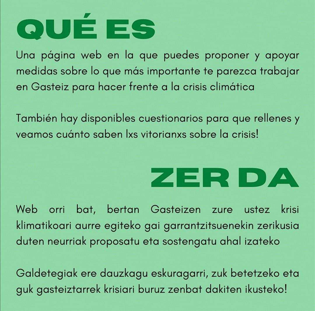 FFFGasteiz's tweet photo. Habéis ojeado ya nuestra web participativa?🌿
https://t.co/om6RN32KrL
En esta podéis proponer y apoyar medidas medioambientales para Gasteiz ✊🏽 https://t.co/6yqF7jb6SJ
