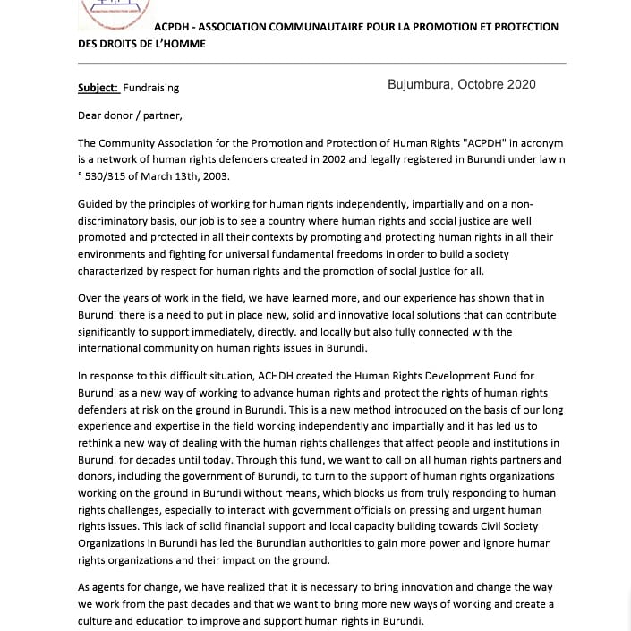 AcpdhBurundi's tweet photo. To establish a human rights development fund for Burundi is our new and innovative way and solution to advance human rights in Burundi.

Attached herein is our fundraising letter and hope to meet your support and being our partners and donors !

Thank you! https://t.co/BAJsLItymJ