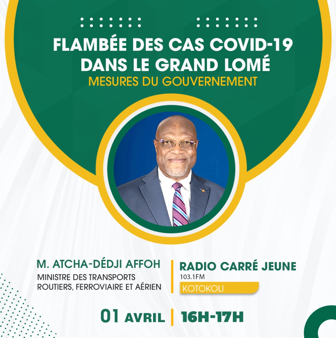 Retrouvez moi cet après midi à partir de 16h 00 sur les ondes de la Radio #CarréJeune (103.1 fm). 

Les mesures prises par le <a href="/GouvTg/">Gouvernement Togolais</a> dans le cadre de la lutte contre la flambée des cas de contamination à la #COVID-19 dans le #GrandLomé seront au centre de nos échanges.