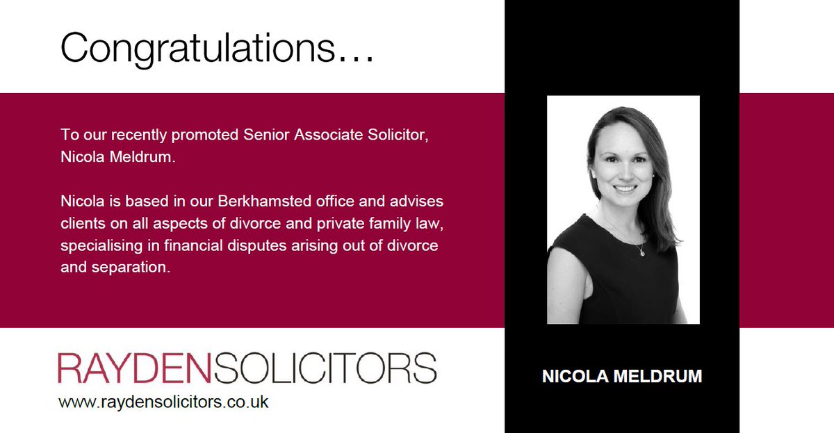 Well done to Nicola Meldrum who receives a thoroughly well deserved promotion to Senior Associate Solicitor in our #Berkhamsted office today. Congratulations <a href="/nickimeldrum/">Nicola Meldrum</a>🍾🥂

#FamilyLaw #Hertfordshire #Herts