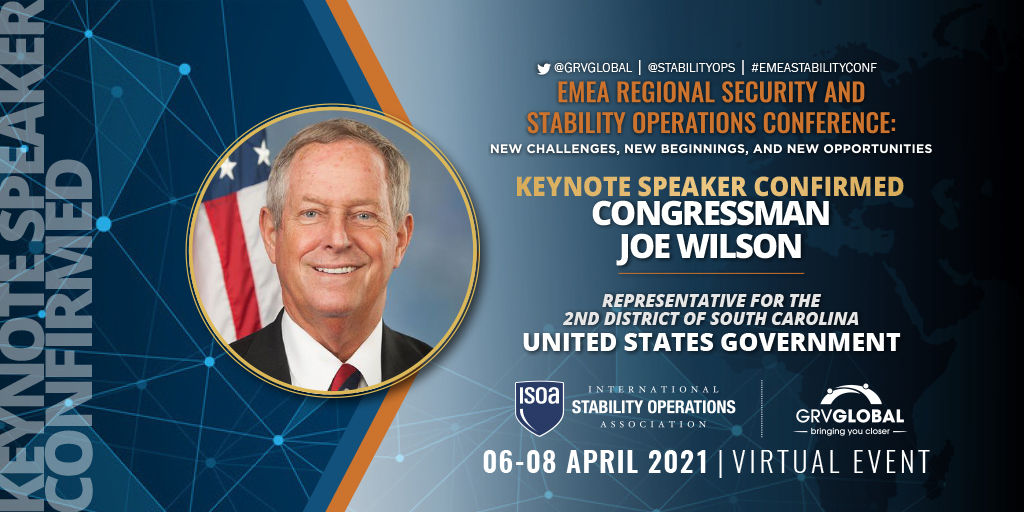 StabilityOps's tweet photo. NEW KEYNOTE: We're excited to have @RepJoeWilson at the #EMEAStabilityConf! He'll share his insights as a member of @HouseForeign, where he is the Ranking Member of the Middle East, North Africa, and International Terrorism Subcommittee. Register here >> https://t.co/xPKrFuQsm7 https://t.co/zy1UqH1fvk